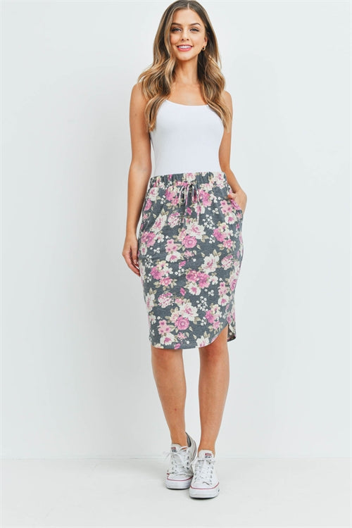 FLORAL PRINT FRONT TIE PENCIL SKIRT-BLACK-D. CORAL 0-4-6-0