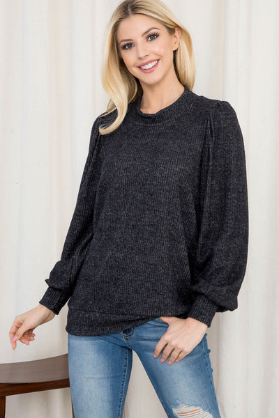 RIB BRUSH LONG SLEEVE SHIRRING DETAIL TOP