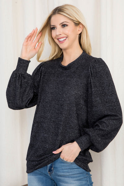 RIB BRUSH LONG SLEEVE SHIRRING DETAIL TOP (NOW $8.75 ONLY!)