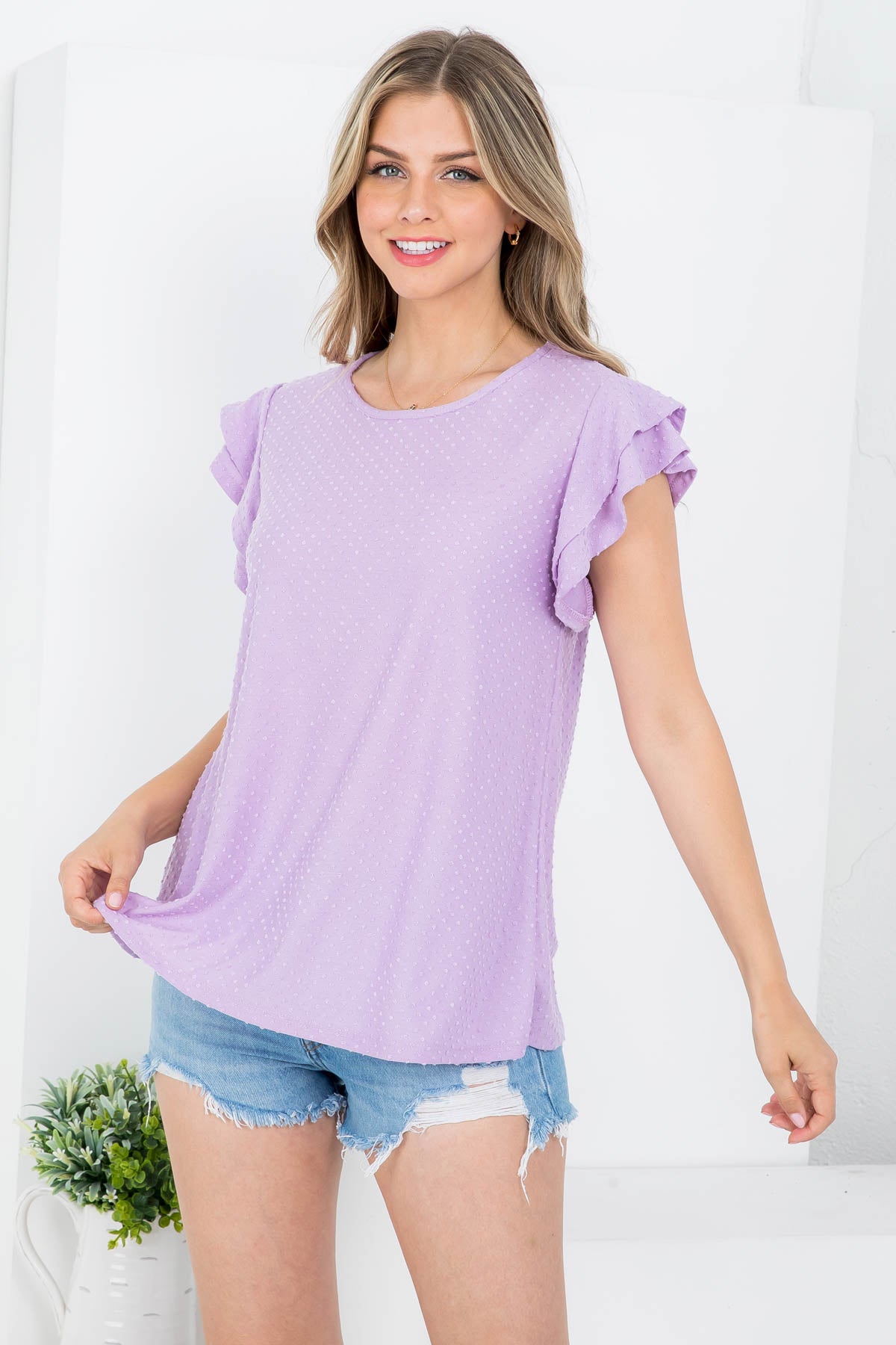 PPT20665X-PLUS SIZE SOLID RUFFLE SLEEVE SWISS DOT TOP 3-2-1