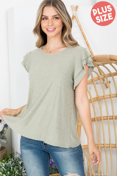 PPT20665X-PLUS SIZE SOLID RUFFLE SLEEVE SWISS DOT TOP 3-2-1