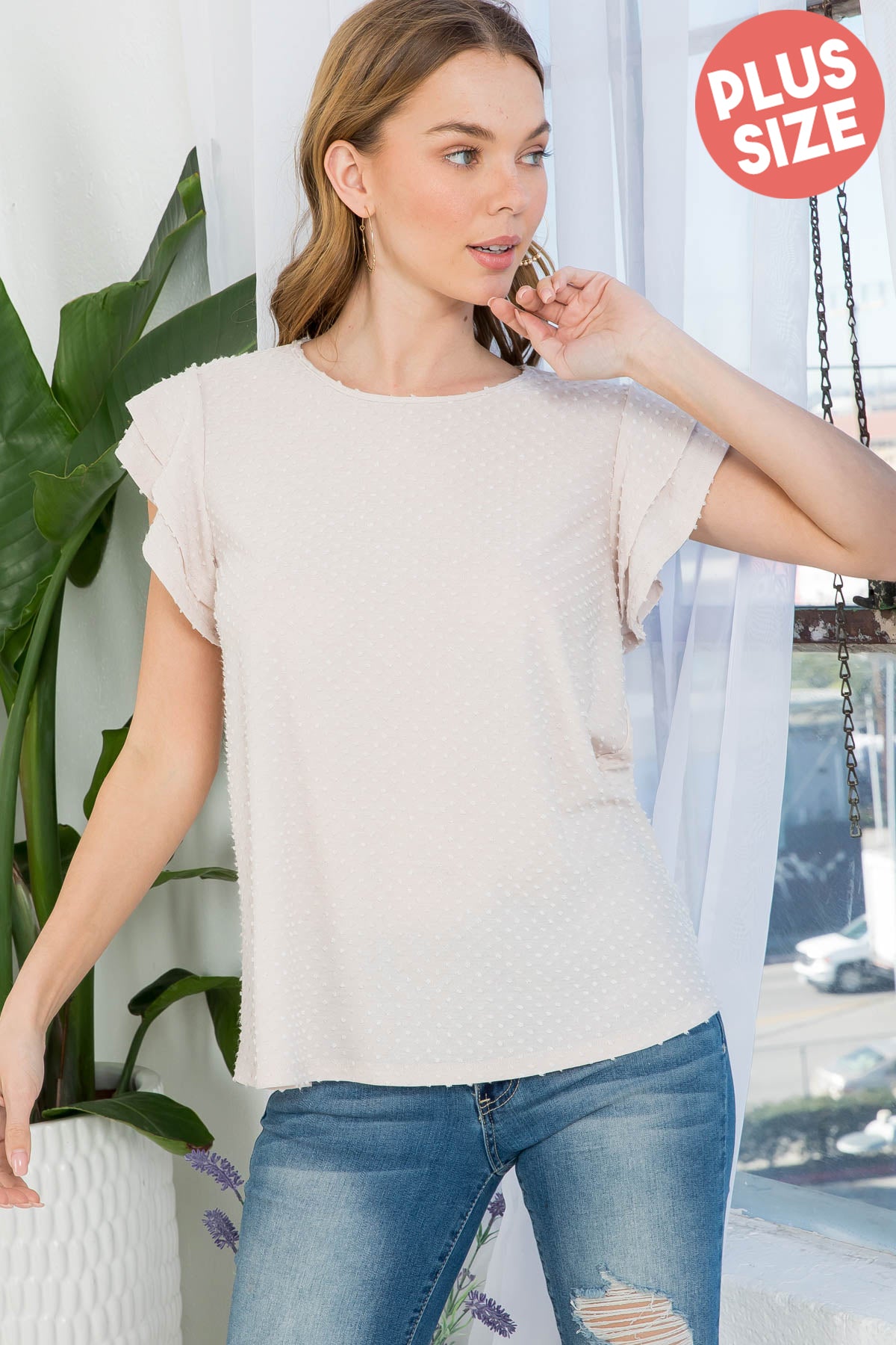 PPT20665X-PLUS SIZE SOLID RUFFLE SLEEVE SWISS DOT TOP 3-2-1