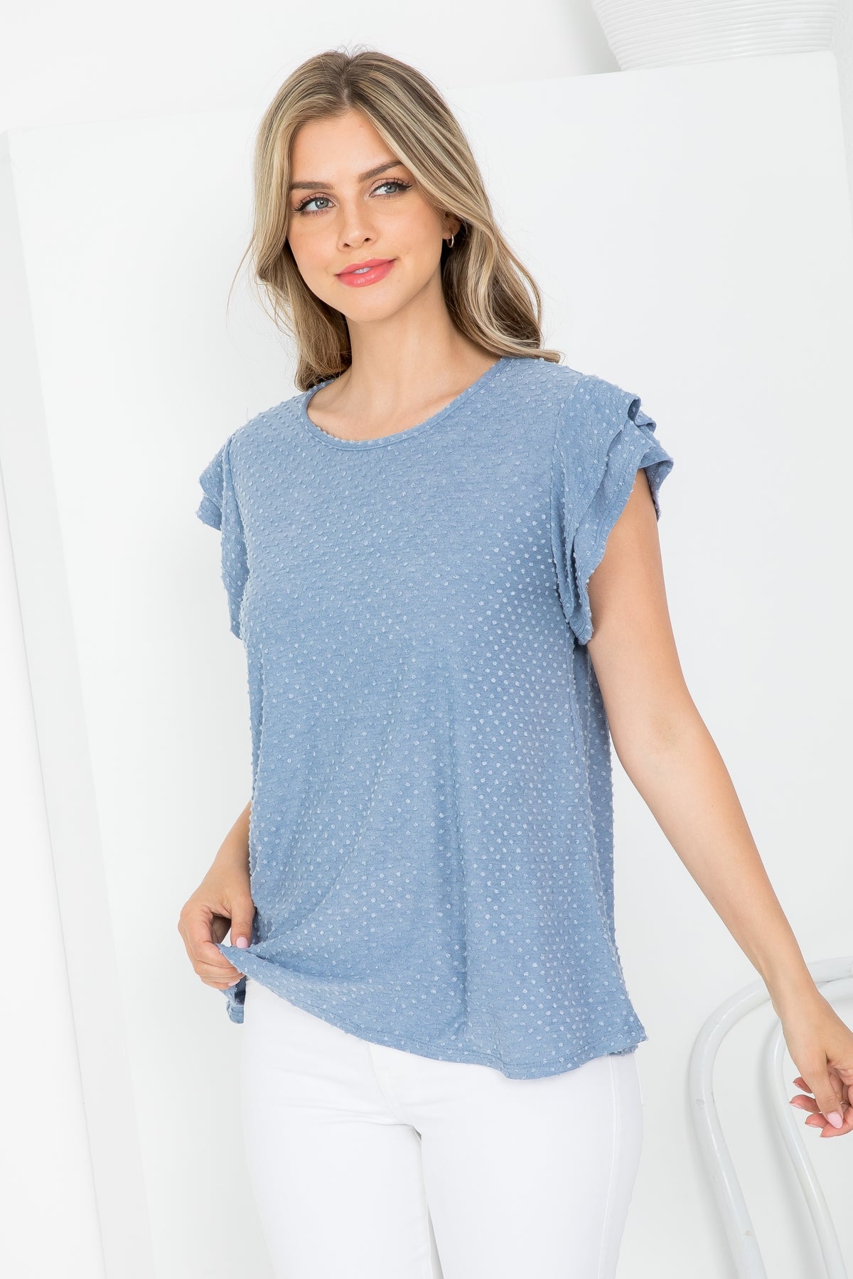 PPT20665X-PLUS SIZE SOLID RUFFLE SLEEVE SWISS DOT TOP 3-2-1