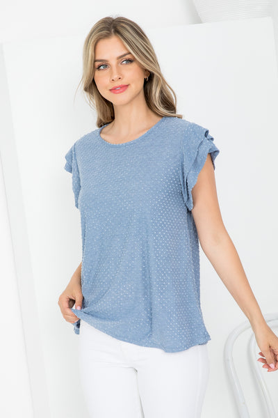 PPT20665X-PLUS SIZE SOLID RUFFLE SLEEVE SWISS DOT TOP 3-2-1
