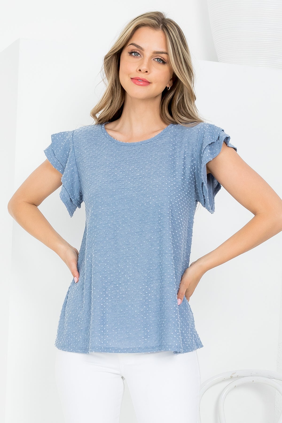 PPT20665X-PLUS SIZE SOLID RUFFLE SLEEVE SWISS DOT TOP 3-2-1