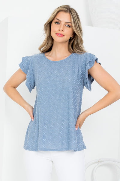 PPT20665X-PLUS SIZE SOLID RUFFLE SLEEVE SWISS DOT TOP 3-2-1