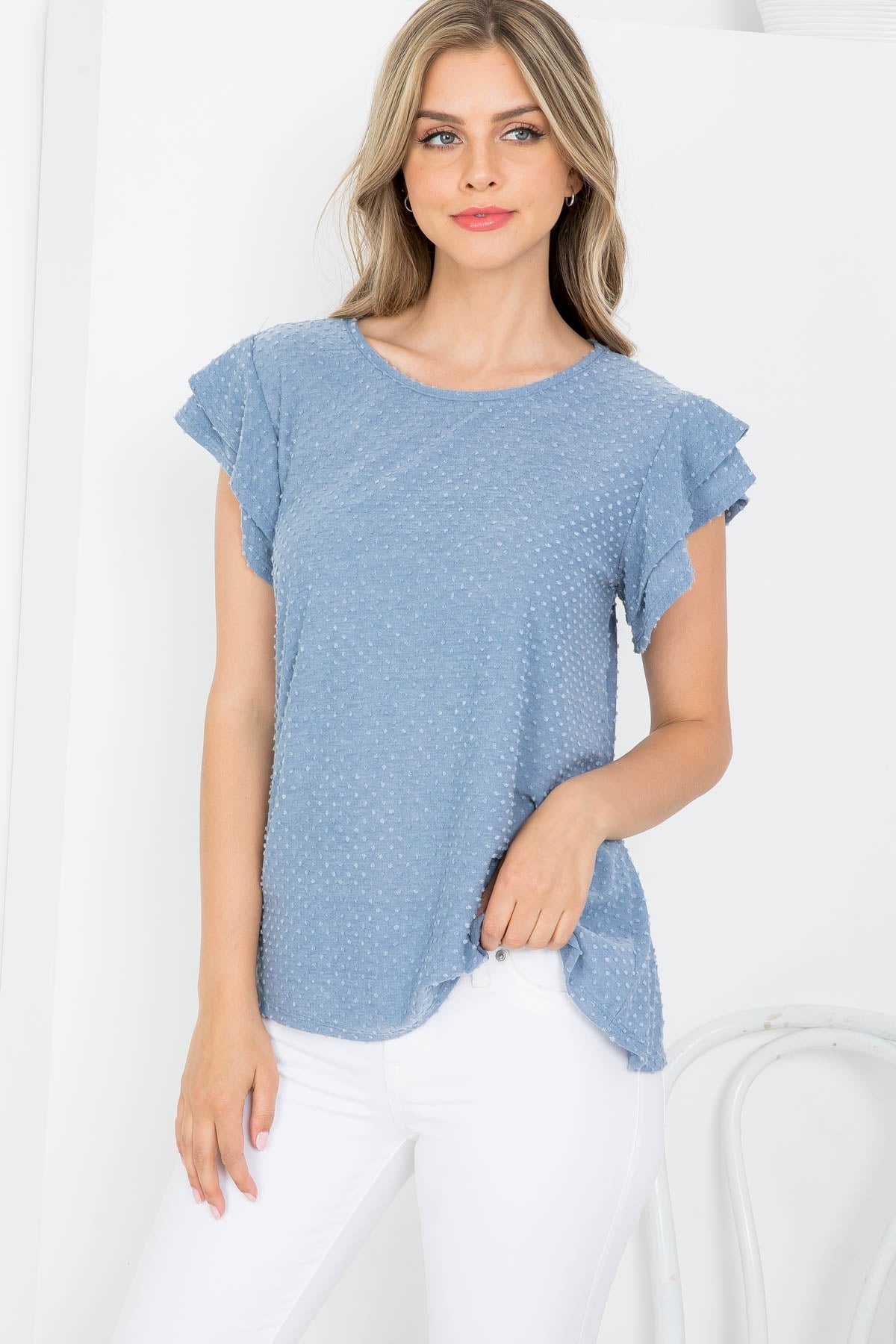 PPT20665X-PLUS SIZE SOLID RUFFLE SLEEVE SWISS DOT TOP 3-2-1