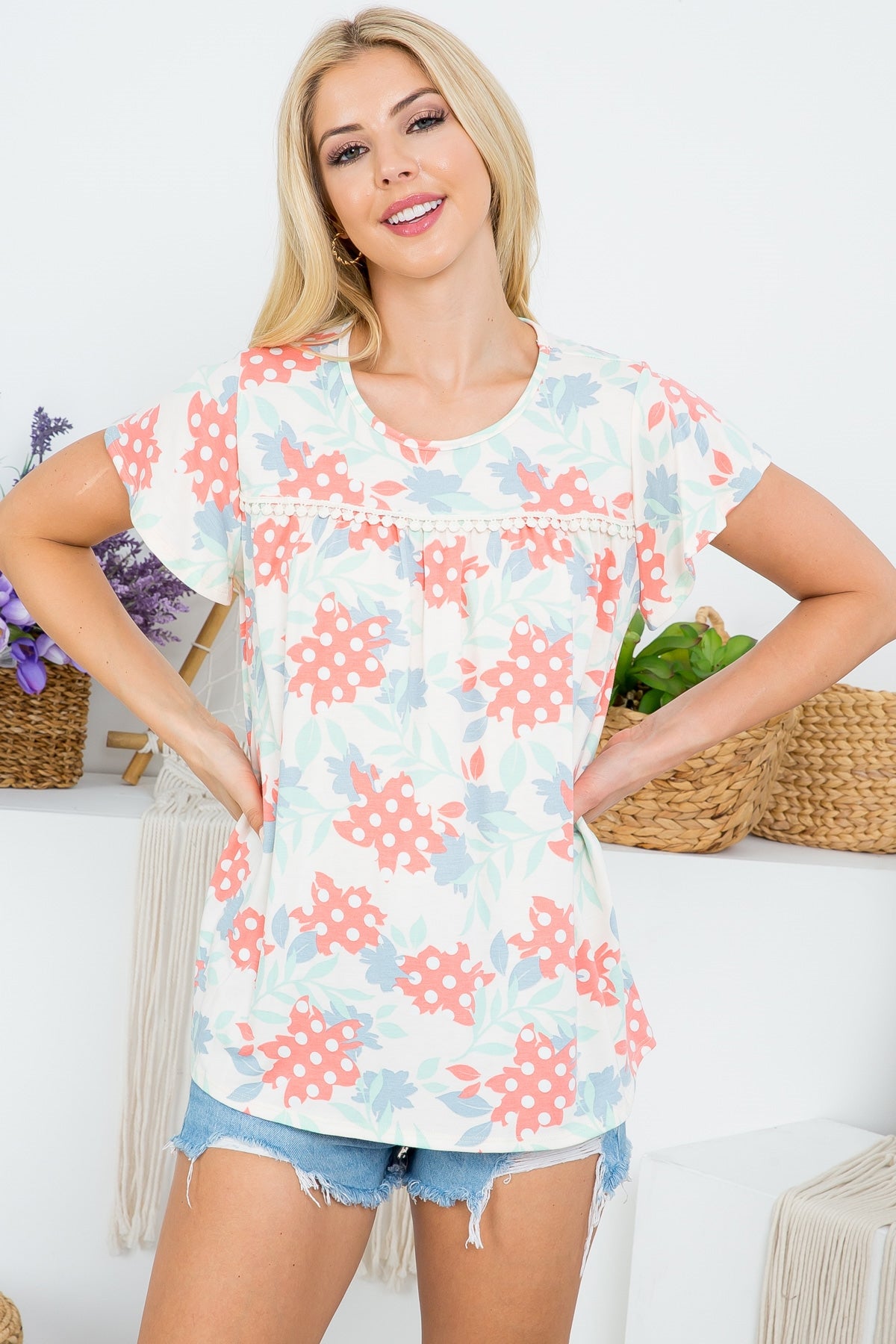 RUFFLE SLEEVE POMPOM DETAIL FLORAL TOP (NOW $ 2.75 ONLY!)