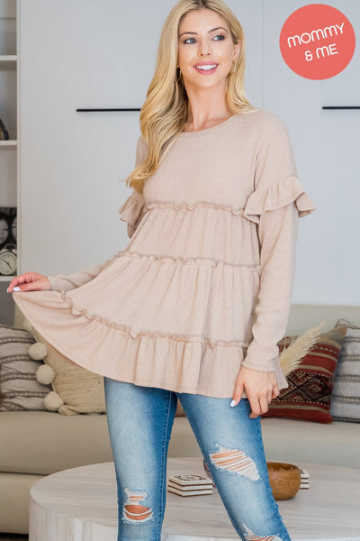 RUFFLE DETAIL LONG SLEEVE BELLA RIB TOP (NOW $6.75 ONLY!)