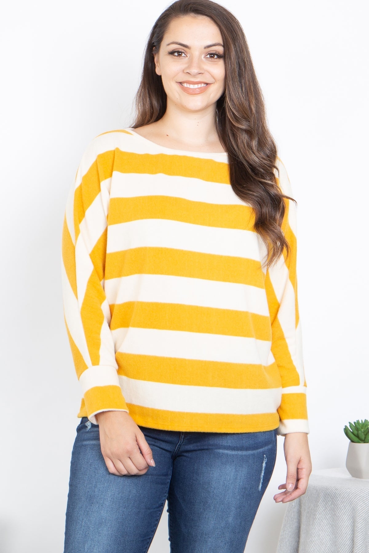 PLUS SIZE STRIPES LONG SLEEVE DOLMAN SLEEVE TOP