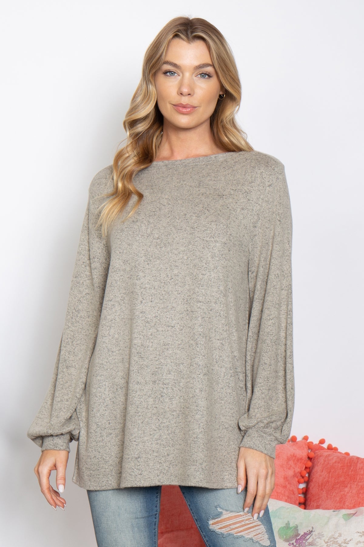 PUFF SLEEVED BOAT NECK BRUSHED HACCI TOP-1-2-2-2