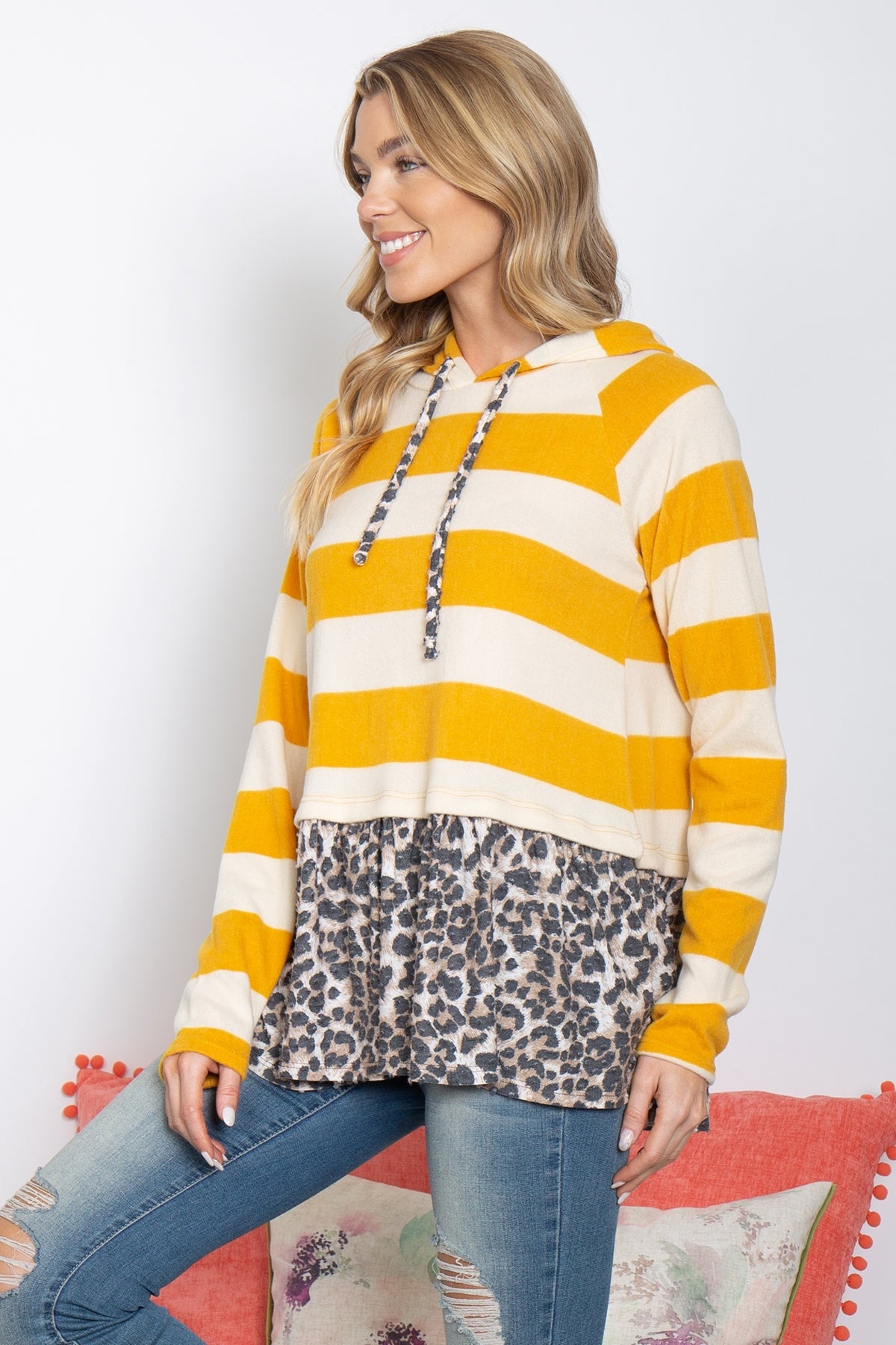 LEOPARD HEM STRIPES SELF TIE HOODIE-1-2-2-2