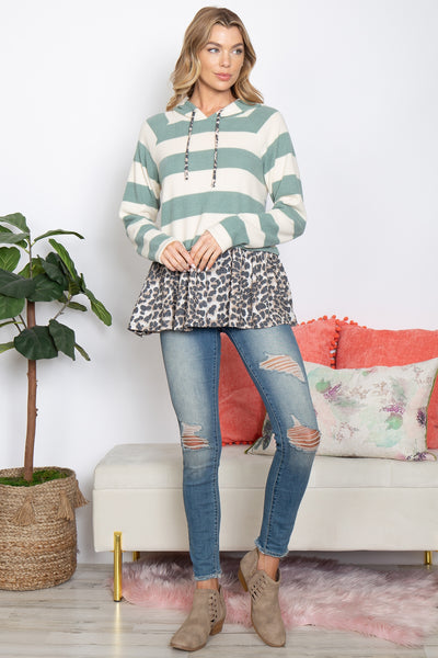 LEOPARD HEM STRIPES SELF TIE HOODIE-1-2-2-2 (NOW $4.75 ONLY!)