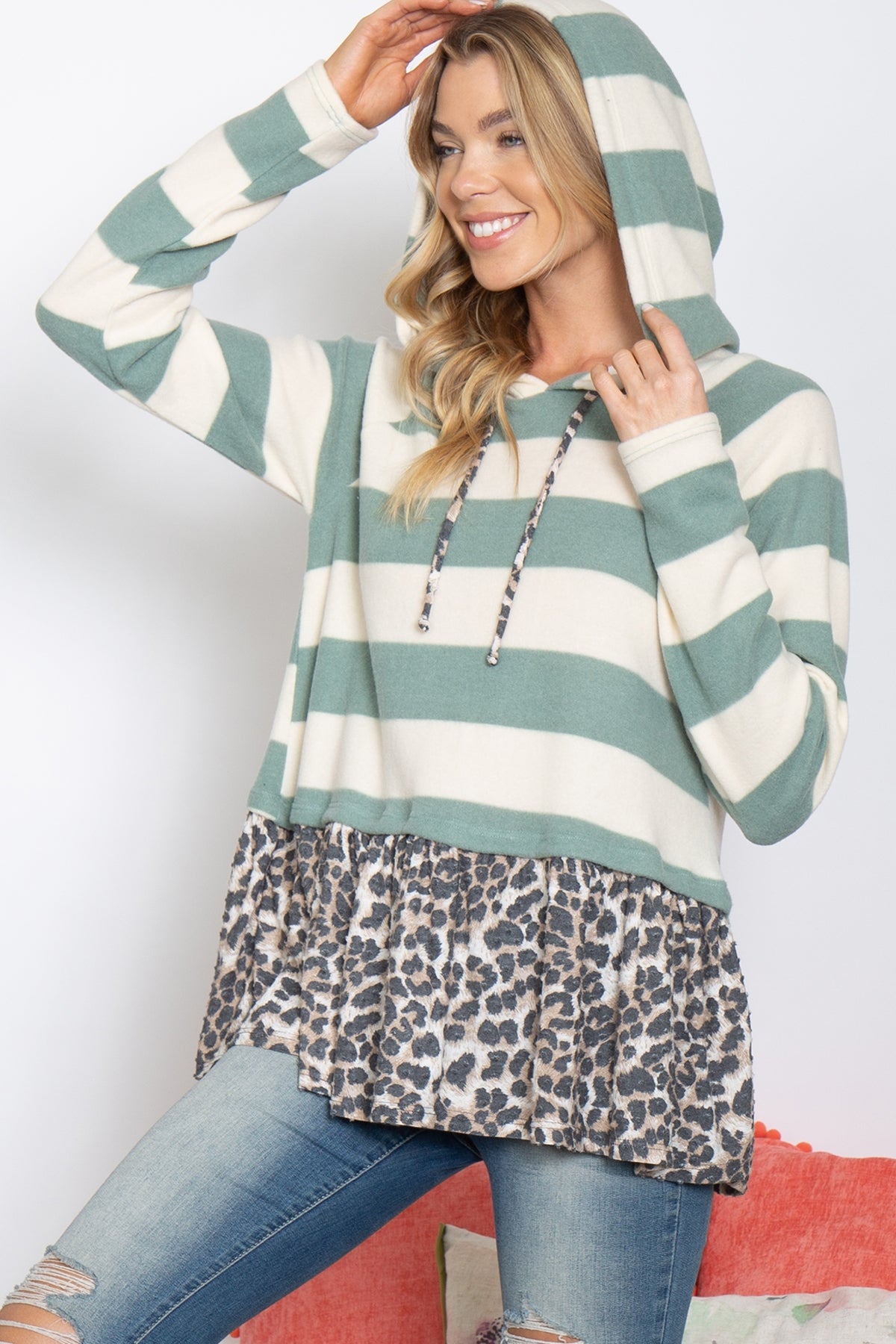 LEOPARD HEM STRIPES SELF TIE HOODIE-1-2-2-2 (NOW $4.75 ONLY!)