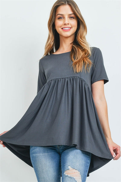 BRUSHED DTY SHORT SLEEVE WITH WAIST SHIRRING TOP- ASH GREY 2-0-4-0