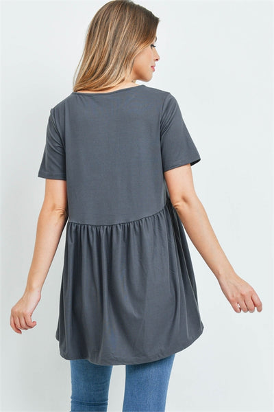 BRUSHED DTY SHORT SLEEVE WITH WAIST SHIRRING TOP- ASH GREY 2-0-4-0