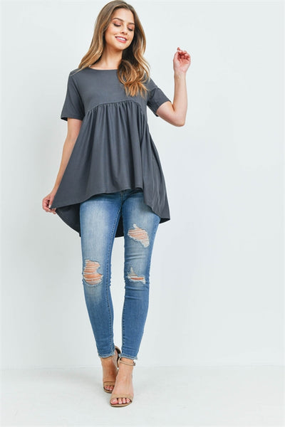 BRUSHED DTY SHORT SLEEVE WITH WAIST SHIRRING TOP- ASH GREY 2-0-4-0