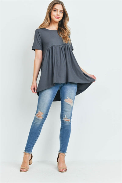 BRUSHED DTY SHORT SLEEVE WITH WAIST SHIRRING TOP- ASH GREY 2-0-4-0