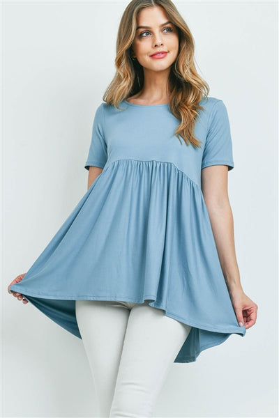 BRUSHED DTY SHORT SLEEVE WITH WAIST SHIRRING TOP- BLUE GREY 1-0-7-1