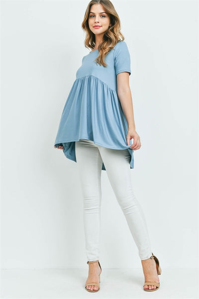 BRUSHED DTY SHORT SLEEVE WITH WAIST SHIRRING TOP- BLUE GREY 1-0-7-1