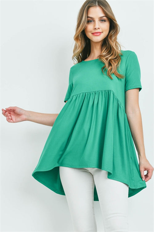 BRUSHED DTY SHORT SLEEVE WITH WAIST SHIRRING TOP- KELLY GREEN 2-0-1-0