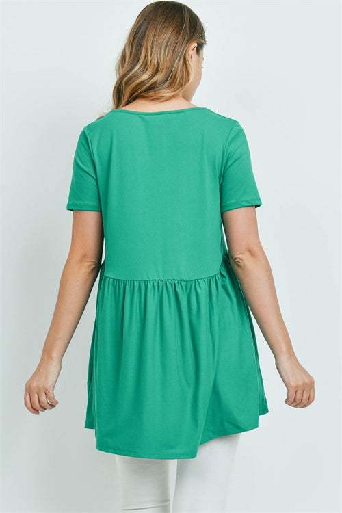 BRUSHED DTY SHORT SLEEVE WITH WAIST SHIRRING TOP- KELLY GREEN 2-0-1-0