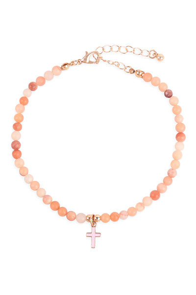 4MM NATURAL STONE BEADS W/ CROSS PENDANT ANKLET