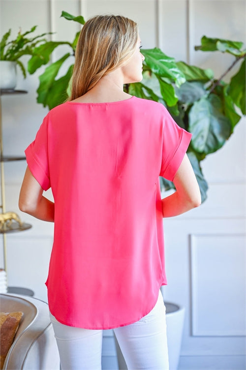 S16-1-5-QT-2500-FCH-1 - WOOL DOBBY SHORT CUFF SLEEVE TOP- FUCHSIA 2-0-3-0