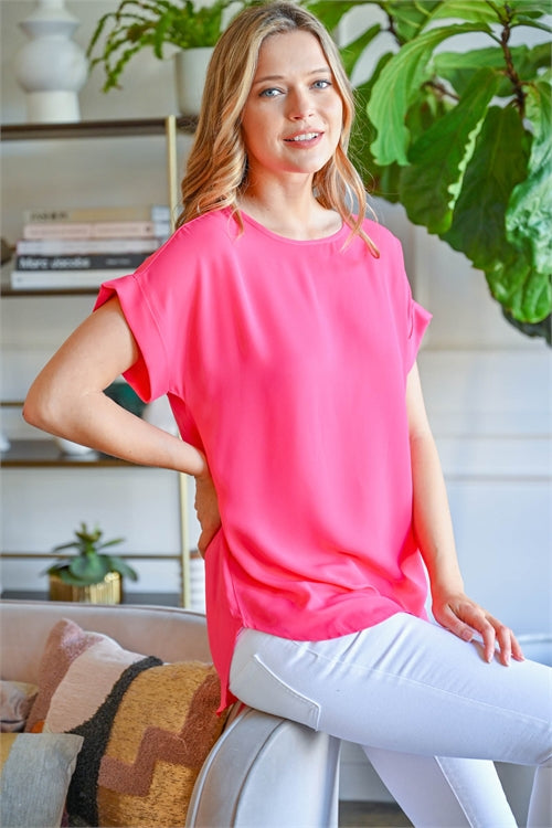 S16-1-5-QT-2500-FCH-1 - WOOL DOBBY SHORT CUFF SLEEVE TOP- FUCHSIA 2-0-3-0