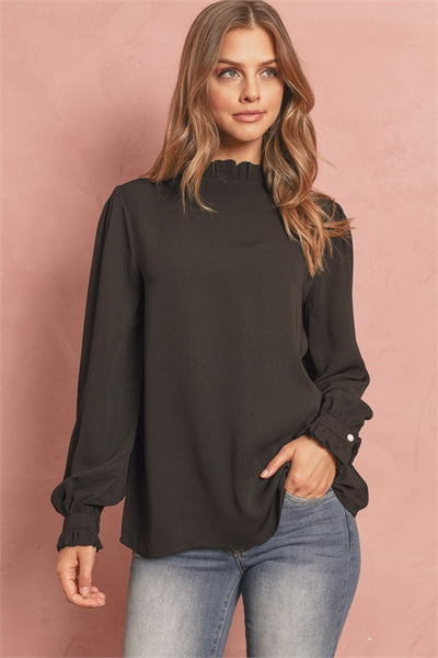 S16-6-3-QT-65032-BK-3 - WOVEN WOOL PEACH RUFFLE NECK PUFF SLEEVE BLOUSE- BLACK 1-0-3-3
