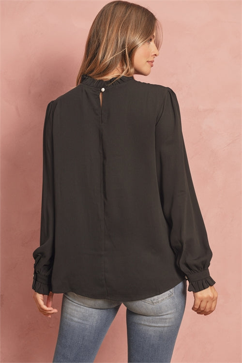 S16-6-3-QT-65032-BK-3 - WOVEN WOOL PEACH RUFFLE NECK PUFF SLEEVE BLOUSE- BLACK 1-0-3-3
