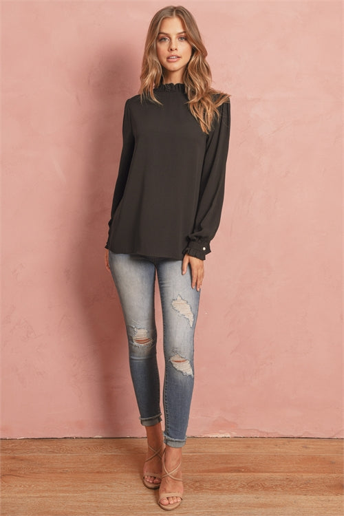 S16-6-3-QT-65032-BK-3 - WOVEN WOOL PEACH RUFFLE NECK PUFF SLEEVE BLOUSE- BLACK 1-0-3-3