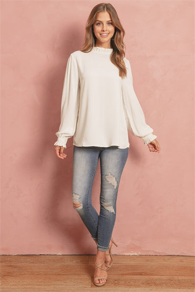 S15-7-3-QT-65032-IV-2 - WOVEN WOOL PEACH RUFFLE NECK PUFF SLEEVE BLOUSE- IVORY 0-0-3-4
