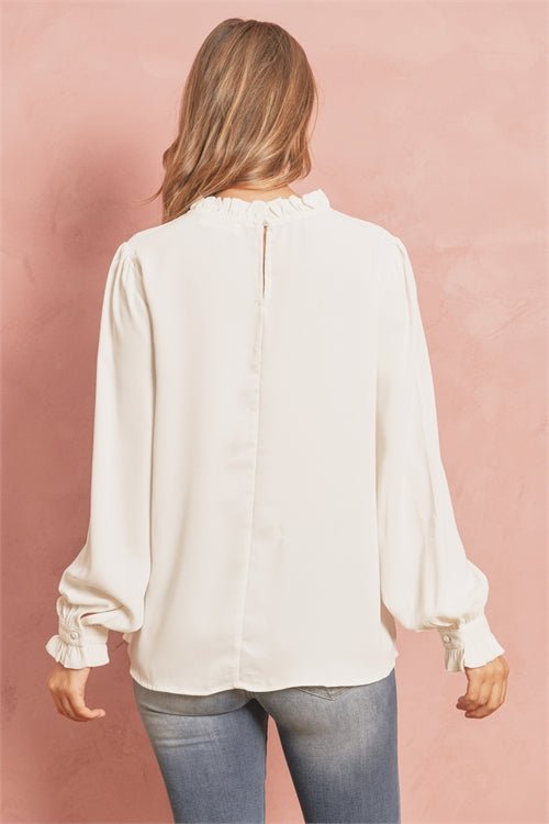 S15-7-3-QT-65032-IV-2 - WOVEN WOOL PEACH RUFFLE NECK PUFF SLEEVE BLOUSE- IVORY 0-0-3-4