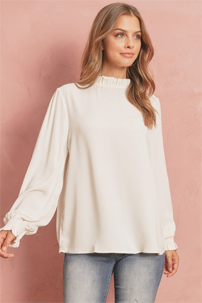 S15-7-3-QT-65032-IV-2 - WOVEN WOOL PEACH RUFFLE NECK PUFF SLEEVE BLOUSE- IVORY 0-0-3-4