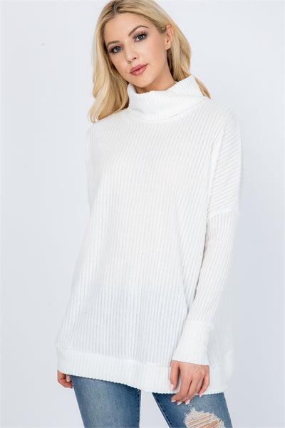 LONG SLEEVED SIDE SLIT COWL NECK RIB TOP- IVORY 2-7-0-0
