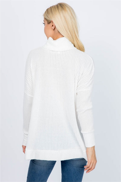LONG SLEEVED SIDE SLIT COWL NECK RIB TOP- IVORY 2-7-0-0