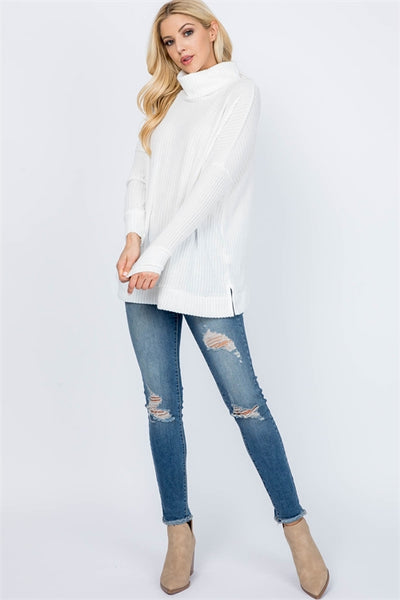 LONG SLEEVED SIDE SLIT COWL NECK RIB TOP- IVORY 2-7-0-0