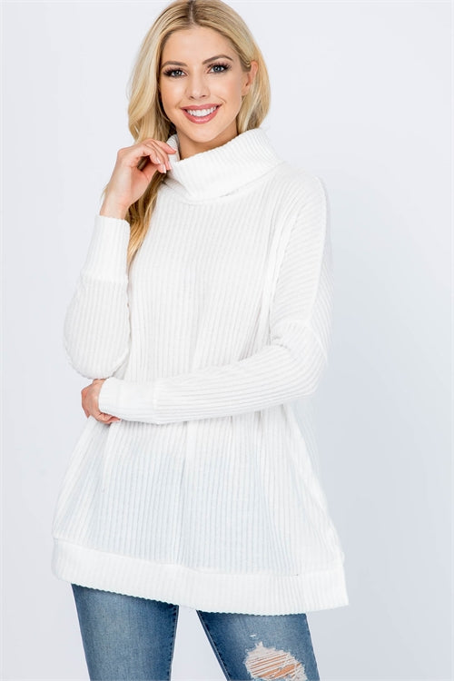 LONG SLEEVED SIDE SLIT COWL NECK RIB TOP- IVORY 2-7-0-0