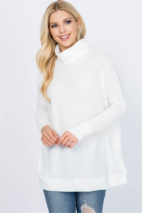 LONG SLEEVED SIDE SLIT COWL NECK RIB TOP- IVORY 2-7-0-0