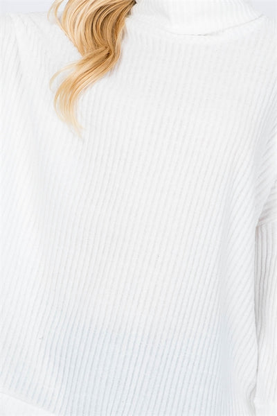 LONG SLEEVED SIDE SLIT COWL NECK RIB TOP- IVORY 2-7-0-0