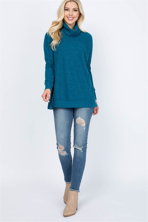 LONG SLEEVED SIDE SLIT COWL NECK RIB TOP- LIGHT TEAL 6-13-1-0