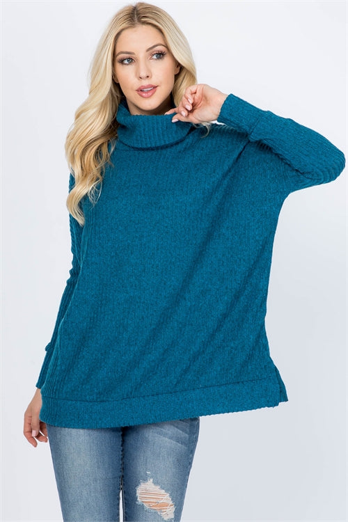 LONG SLEEVED SIDE SLIT COWL NECK RIB TOP- LIGHT TEAL 6-13-1-0