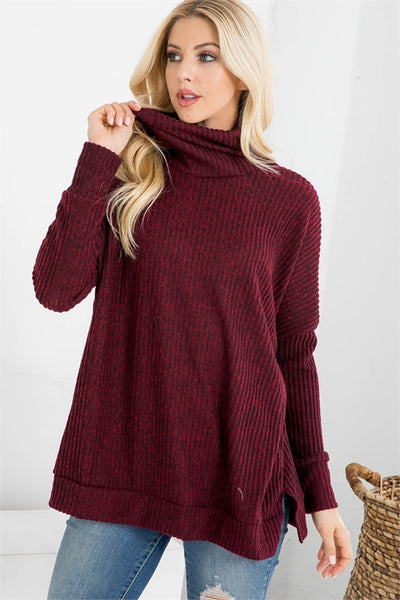 LONG SLEEVED SIDE SLIT COWL NECK RIB TOP- MAROON 0-5-3-0