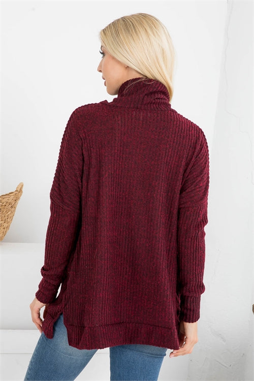 LONG SLEEVED SIDE SLIT COWL NECK RIB TOP- MAROON 0-5-3-0