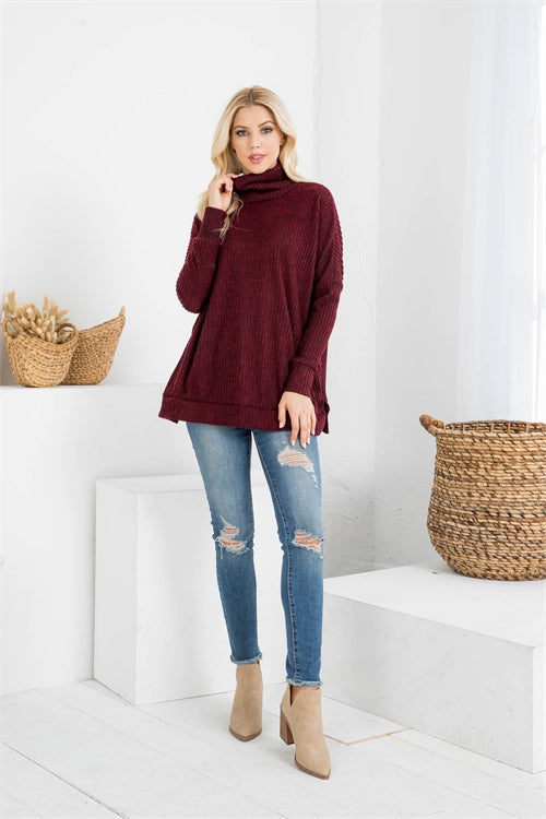 LONG SLEEVED SIDE SLIT COWL NECK RIB TOP- MAROON 0-5-3-0