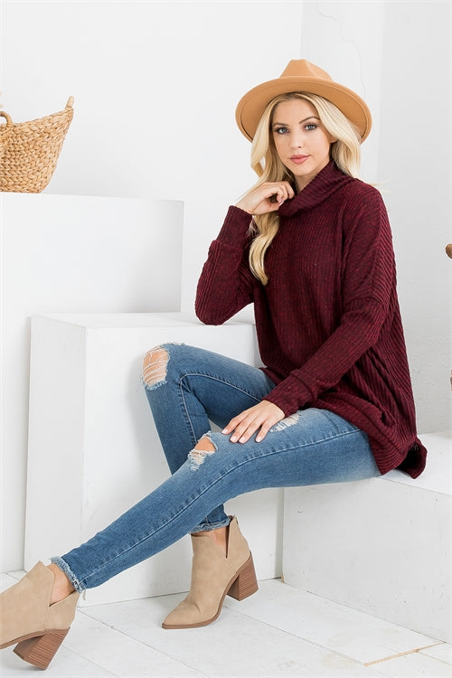 LONG SLEEVED SIDE SLIT COWL NECK RIB TOP- MAROON 0-5-3-0