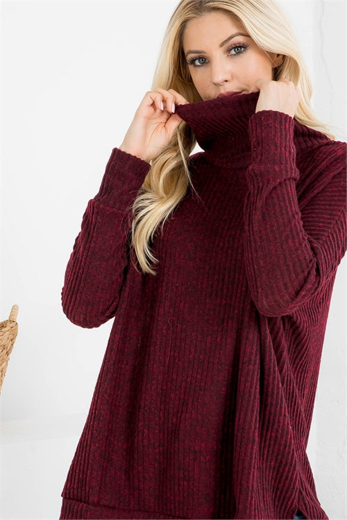 LONG SLEEVED SIDE SLIT COWL NECK RIB TOP- MAROON 0-5-3-0