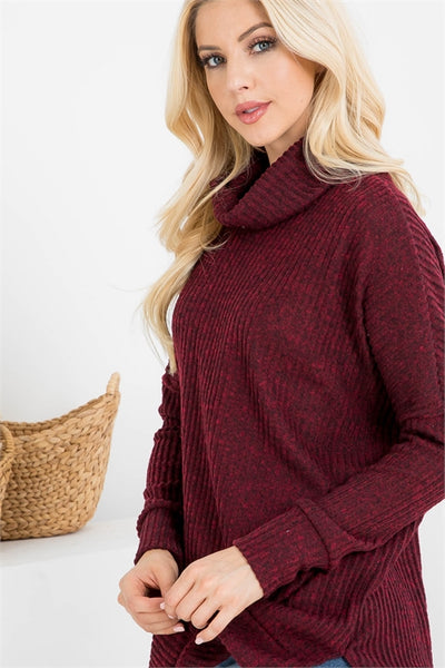 LONG SLEEVED SIDE SLIT COWL NECK RIB TOP- MAROON 0-5-3-0