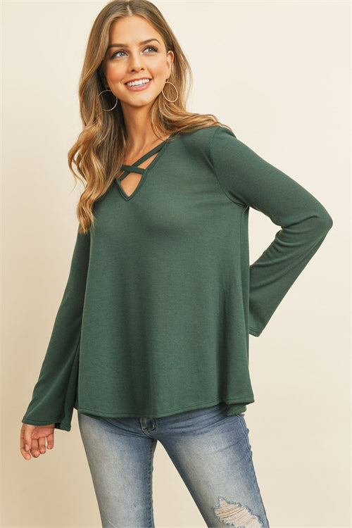 CRISS CROSS NECK LONG SLEEVE HACCI TOP- HUNTER GREEN 1-4-1-0